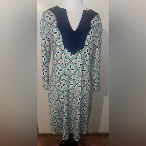 Tracy Negoshian Blue and Teal Geometric V-Neck Long Sleeve Dress